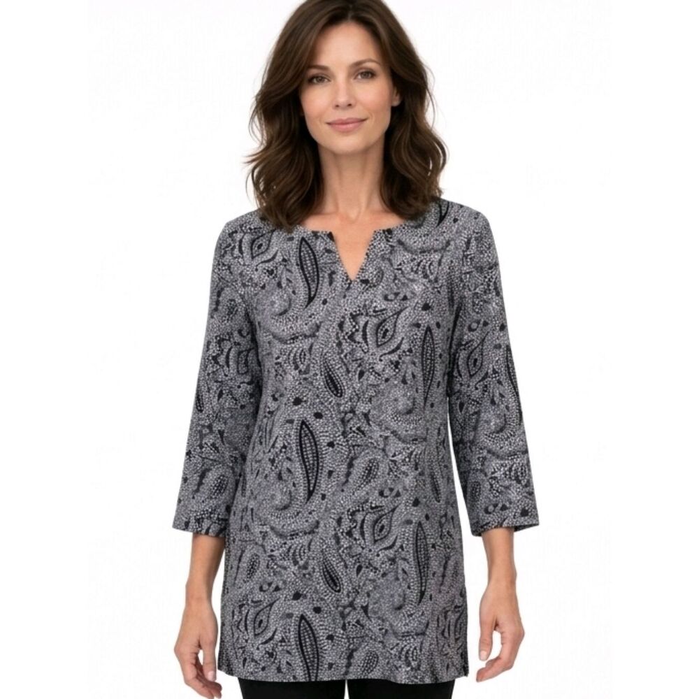Craft & Barrow Navy Blue Paisley Split Neck 3/4 Sleeve Stretch Tunic Size L 
